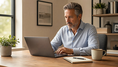 Man sitting at Desk in Home Office Professional or Retiree sitting at Desk in Home Office
